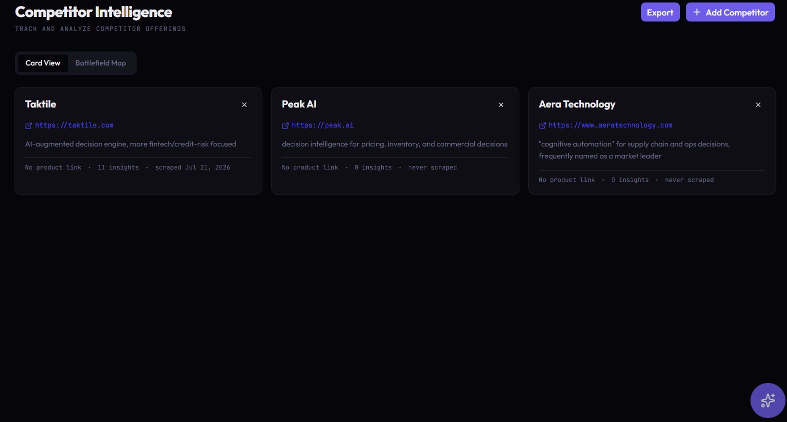 LaunchPad competitor intelligence: tracked competitor profiles and insights